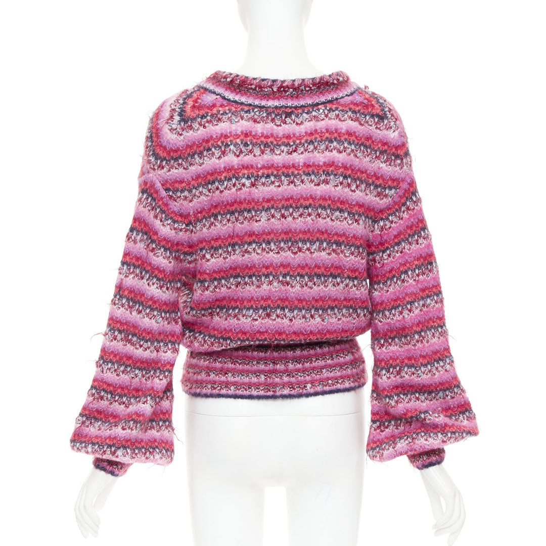 CHANEL 22A pink alpaca blend striped loose knit Vneck CC logo sweater FR38 M