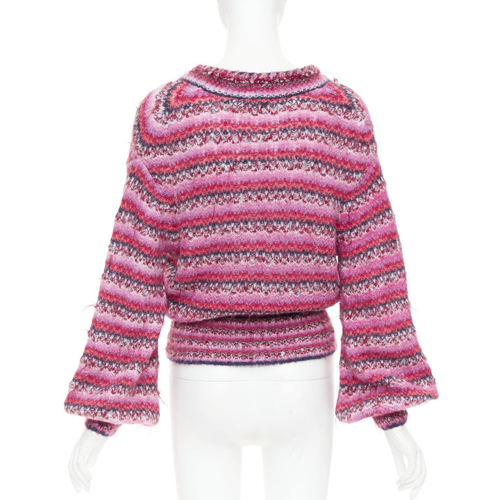 CHANEL 22A pink alpaca blend striped loose knit Vneck CC logo sweater FR38 M