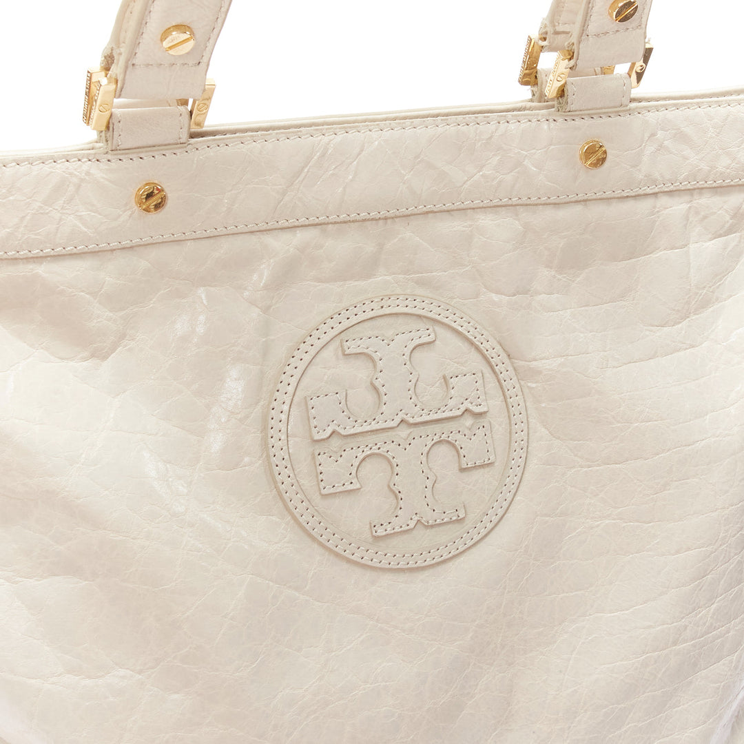 TORY BURCH white textured leather logo patch gold hardware A4 tote bag