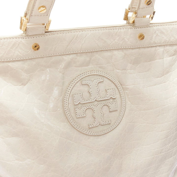 TORY BURCH white textured leather logo patch gold hardware A4 tote bag