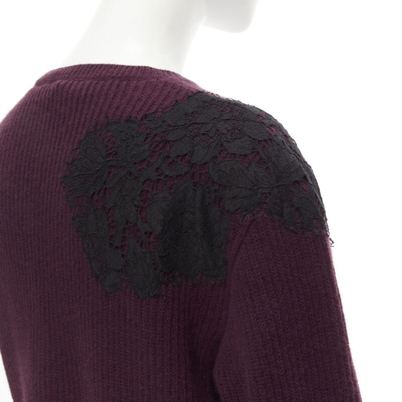 VALENTINO burgundy red virgin wool cashmere black lace applique sweater XL