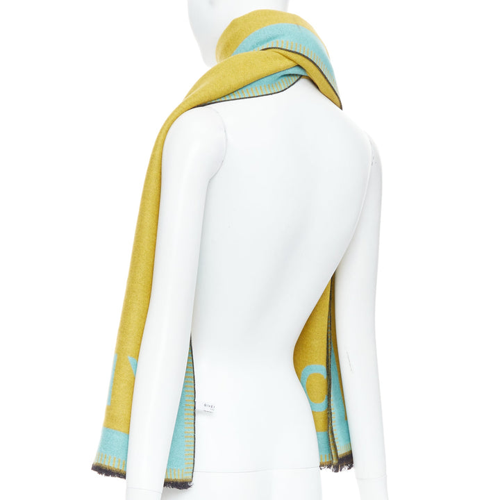 GIVENCHY mustard mint green wooly black fringe big logo long scarf