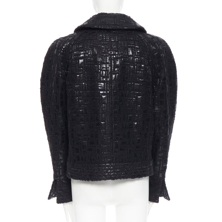 runway CHANEL 13A cyber tweed bomber sleeve double breasted black jacket FR36