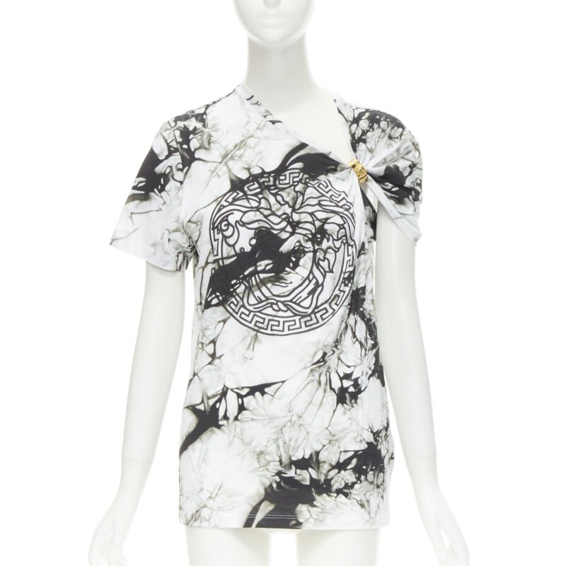 VERSACE Medusa gold ring marble black white tie dye tshirt IT38 S