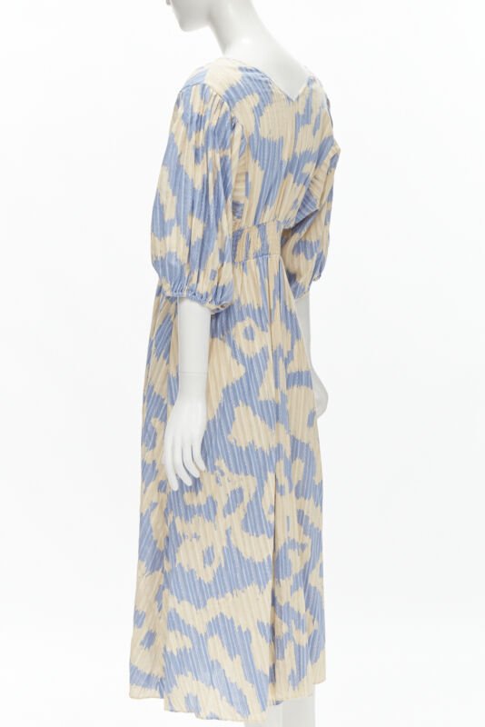 DIANE VON FURSTENBERG beige blue print lattice embroidery puff sleeve dress US8