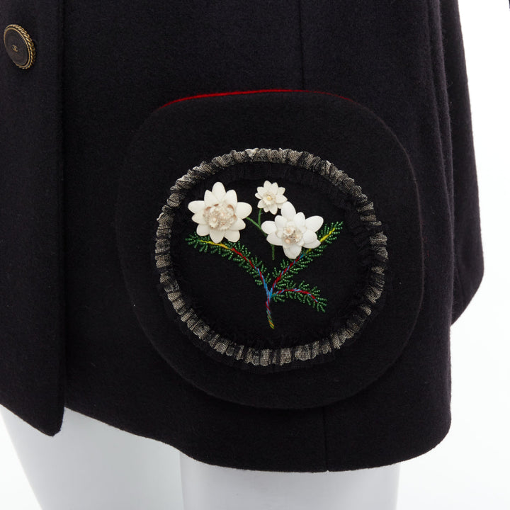rare CHANEL 2015 Runway Edelweiss flower embroidery circle pocket wool coat FR42