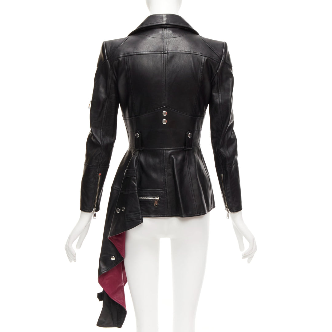 ALEXANDER MCQUEEN Runway black leather zip asymmetric hem biker jacket IT38 XS