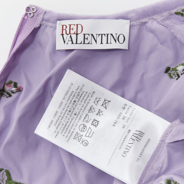 RED VALENTINO purple floral embroidery bow puff sleeve babydoll dress IT36 XS