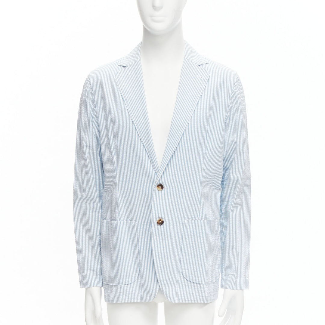 LARDINI blue white stripe seersucker brown shell 2 button blazer M