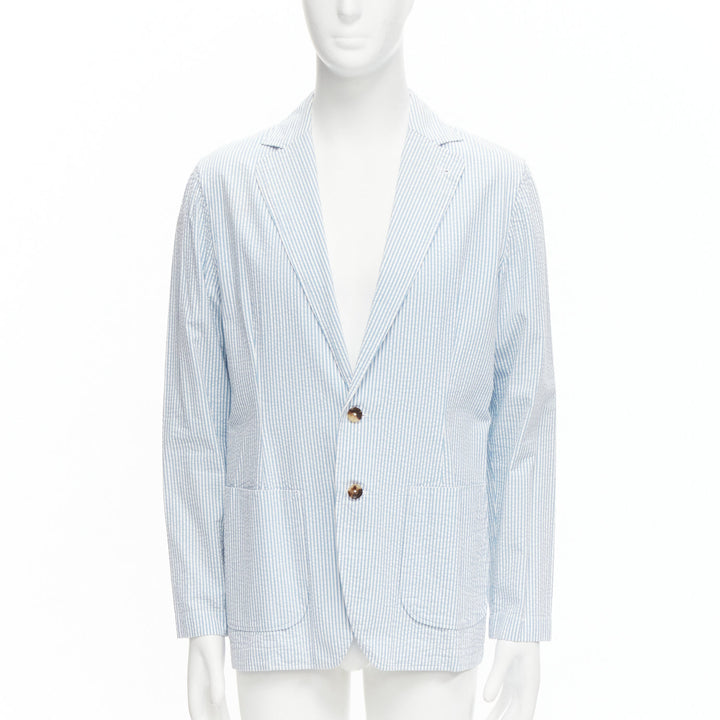 LARDINI blue white stripe seersucker brown shell 2 button blazer M