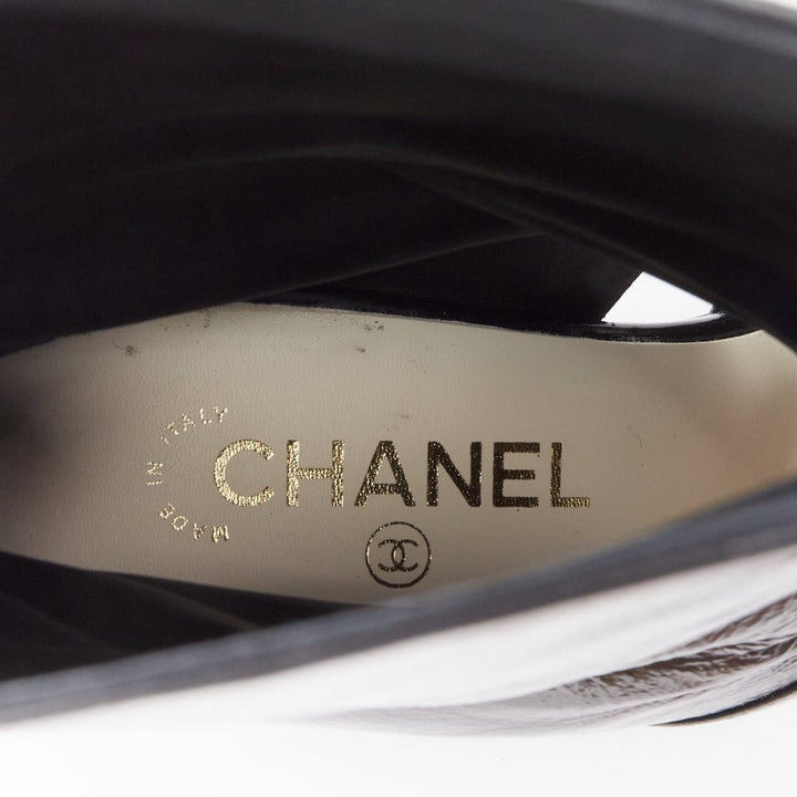 CHANEL 2023 Runway silver CC bow black leather cut out boots EU38.5