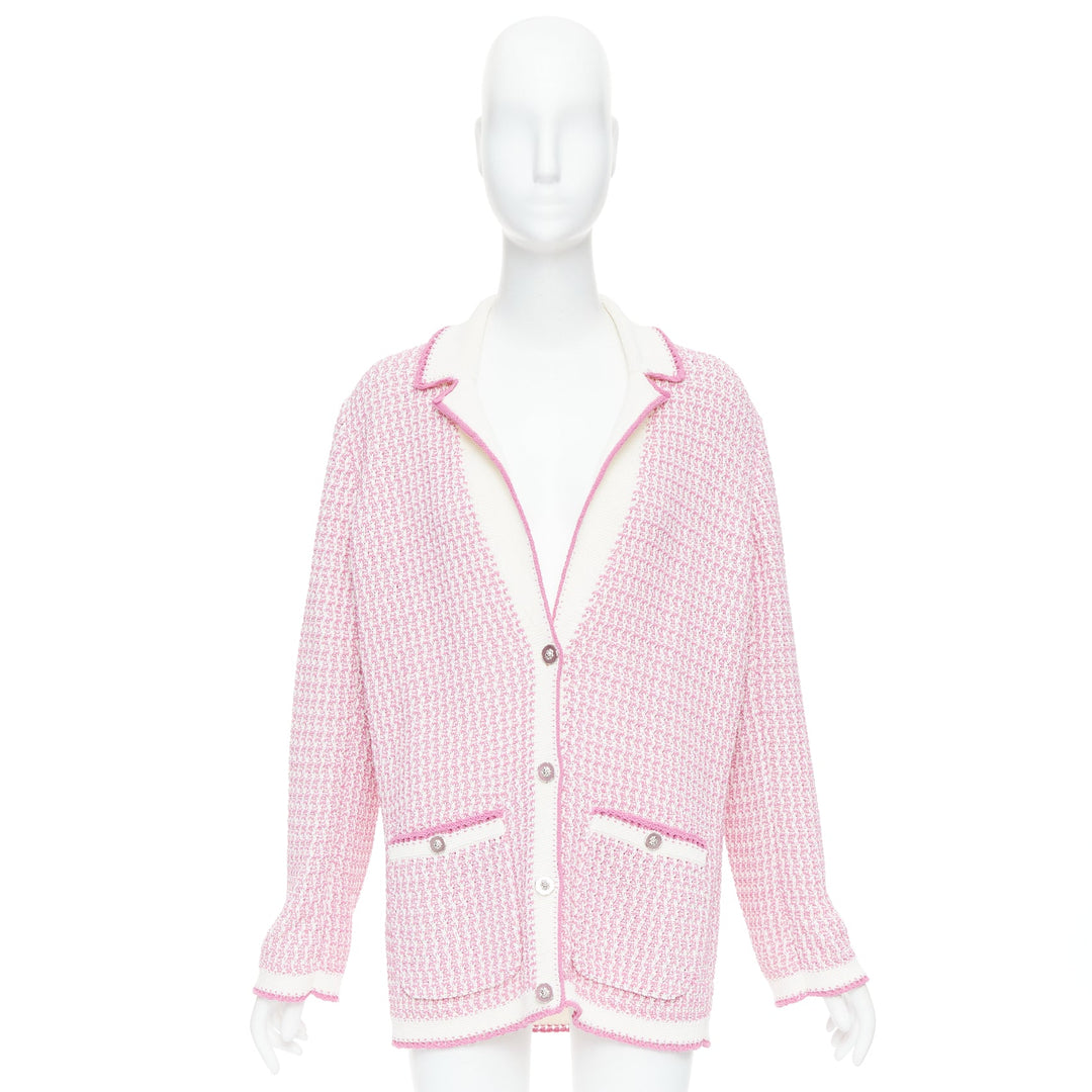 CHANEL 2022 pink white tweed metallic buttons long knit cardigan FR42 XL