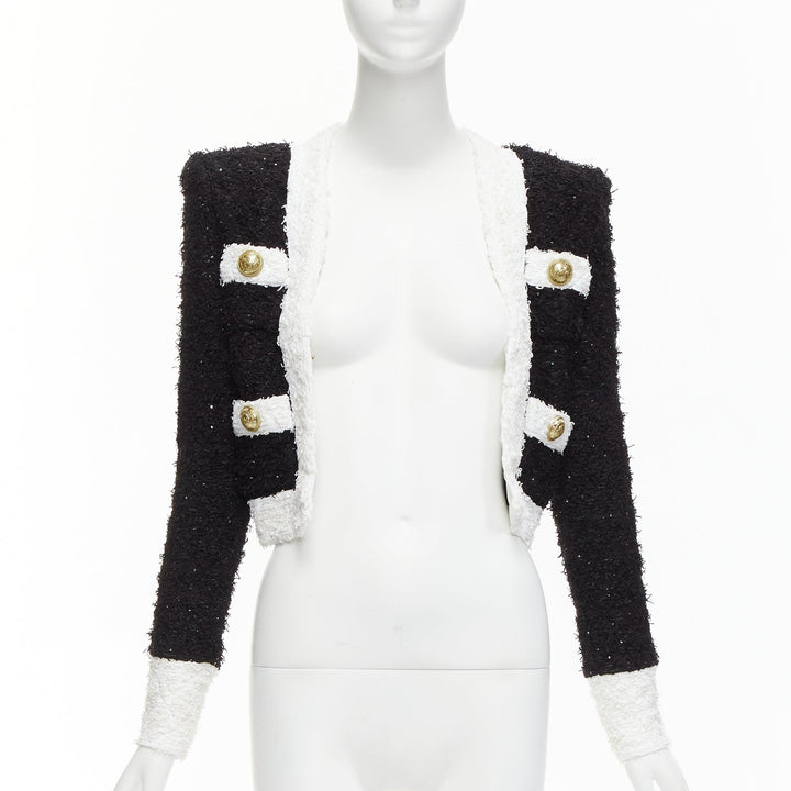 BALMAIN black white metallic tweed 4 pockets cropped blazer jacket FR34 XS