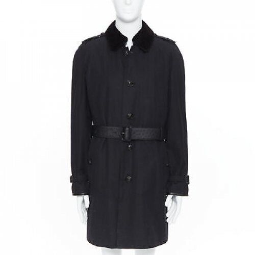 BURBERRY PRORSUM black cotton removable rabbit fur lining ostrich belt trench L