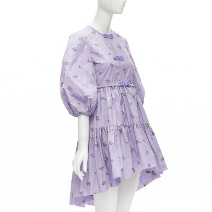 RED VALENTINO purple floral embroidery bow puff sleeve babydoll dress IT36 XS