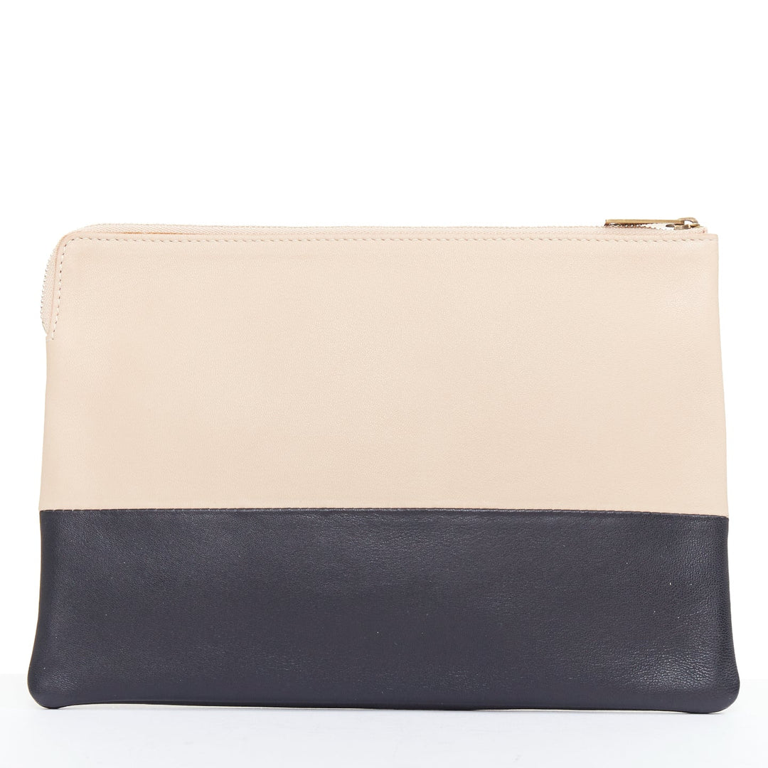 CELINE Solo beige black bicolor smooth leather gold logo pouch clutch