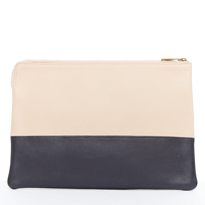 CELINE Solo beige black bicolor smooth leather gold logo pouch clutch