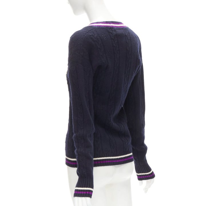 CHANEL cashmere blend navy purple embroidered badge schoolboy sweater FR38 M