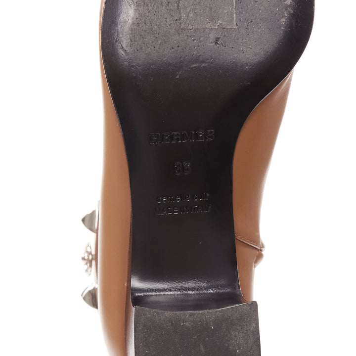 HERMES Decouverte 50 Beige Dore brown leather silver hardware ankle boots EU36