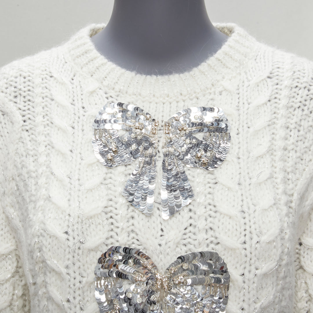 VALENTINO 2021 silver beads sequins bow white lurex cable knit sweater XS