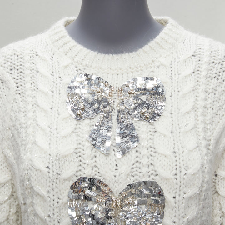 VALENTINO 2021 silver beads sequins bow white lurex cable knit sweater XS