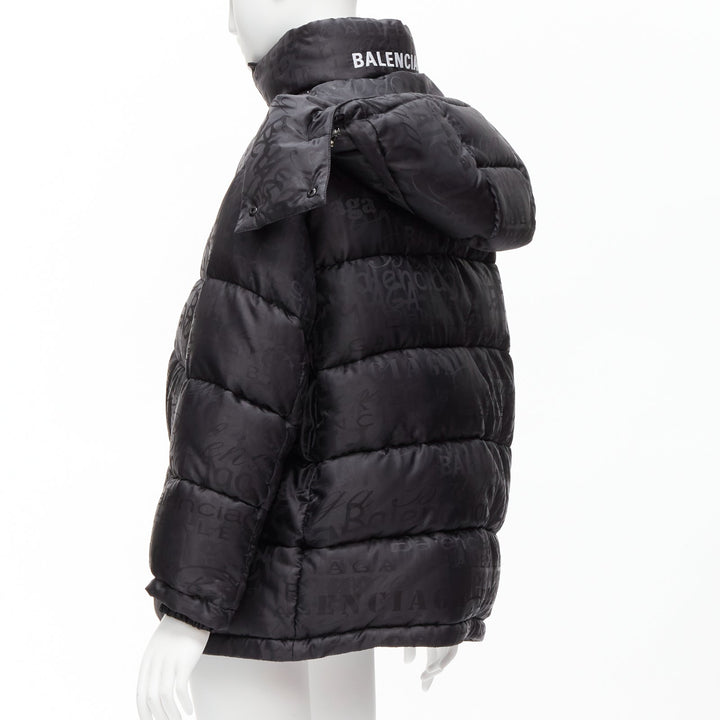 BALENCIAGA 2019 black logo jacquard Swing hooded quilted puffer coat FR36 S