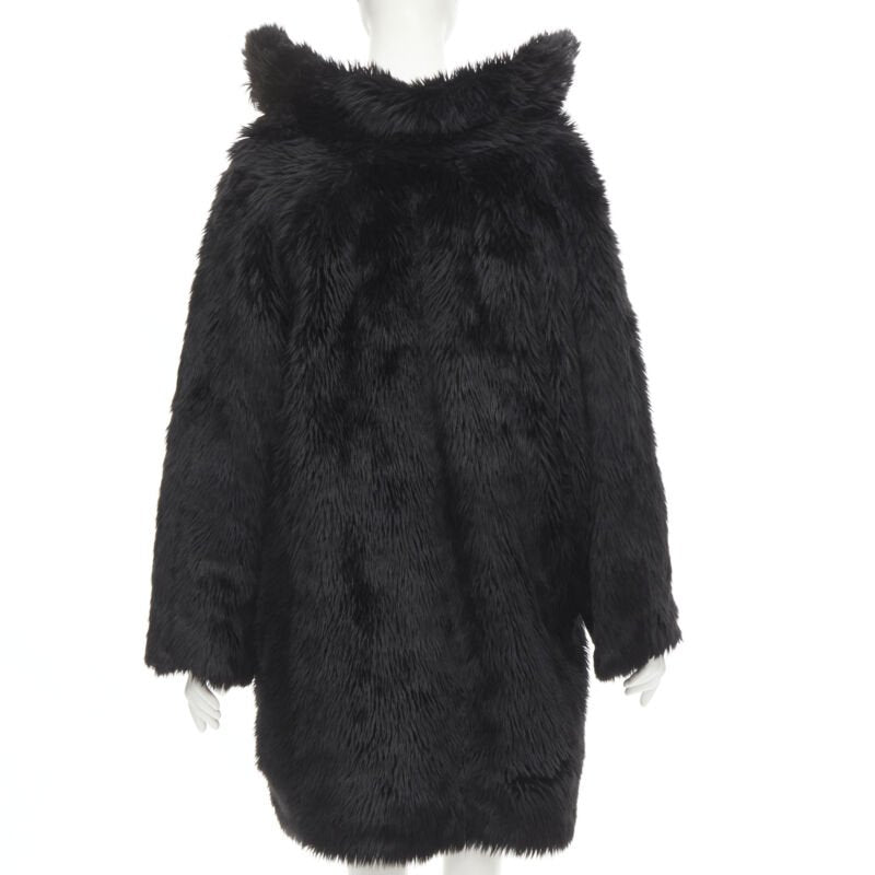 runway BALENCIAGA Demna Runway black faux fur Swing off shoulder coat FR34 XS