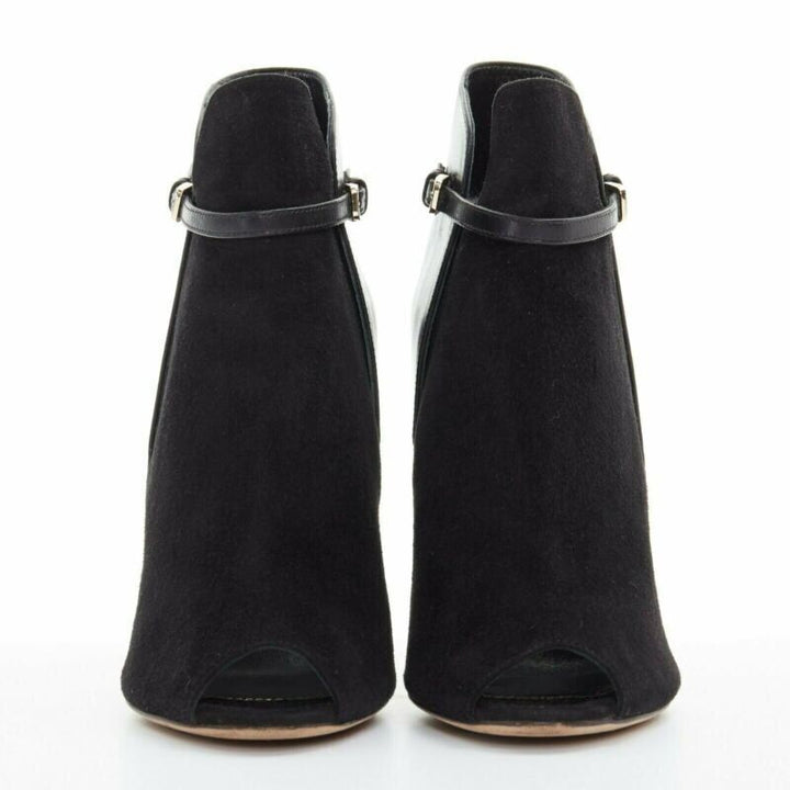 SERGIO ROSSI black suede leather strap buckle peep toe heel ankle bootie EU37