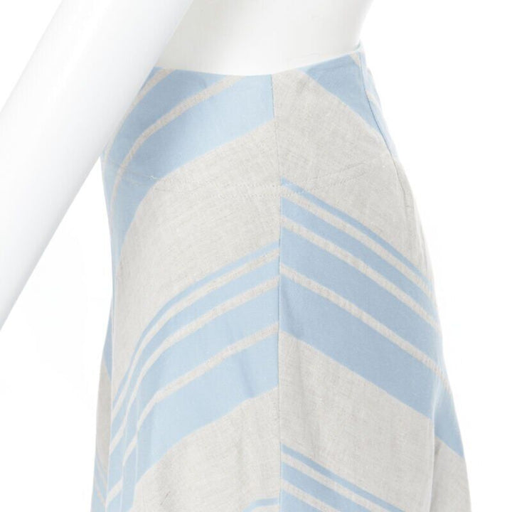 LEE MATTHEWS light grey blue striped linen cotton flared midi casual skirt US0