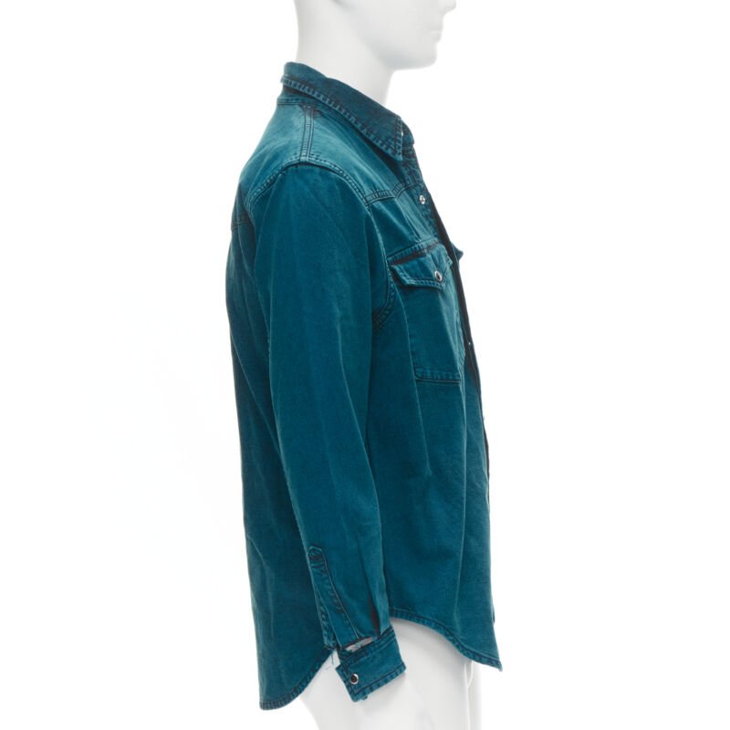 BALENCIAGA 2018 turquoise acid dye washed heavy cotton ripped cuff shirt EU38 S
