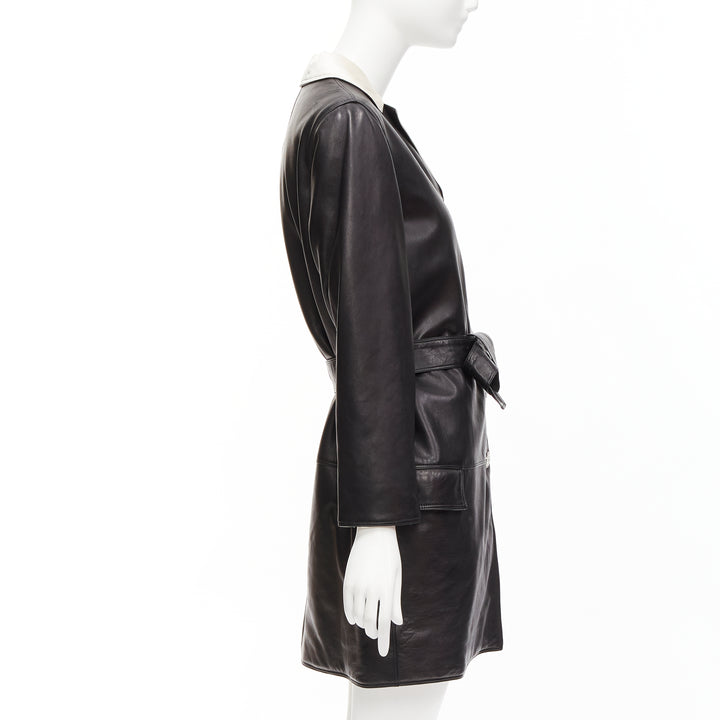 GIANNI VERSACE Vintage black leather white silk medusa button belted coat