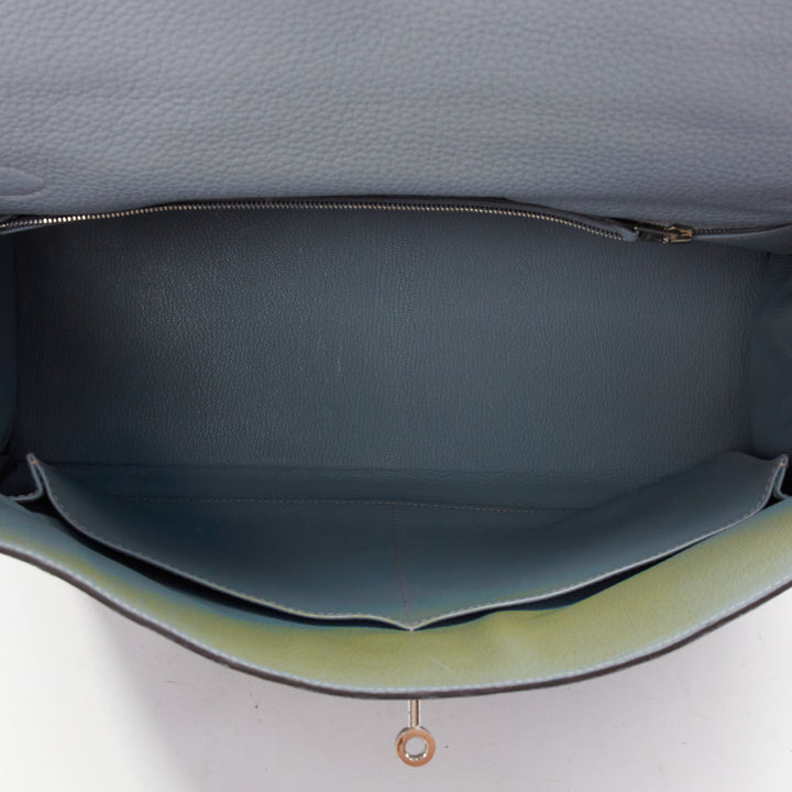 HERMES Kelly 35 Bleu Gacier Clemence sports canvas strap satchel bag