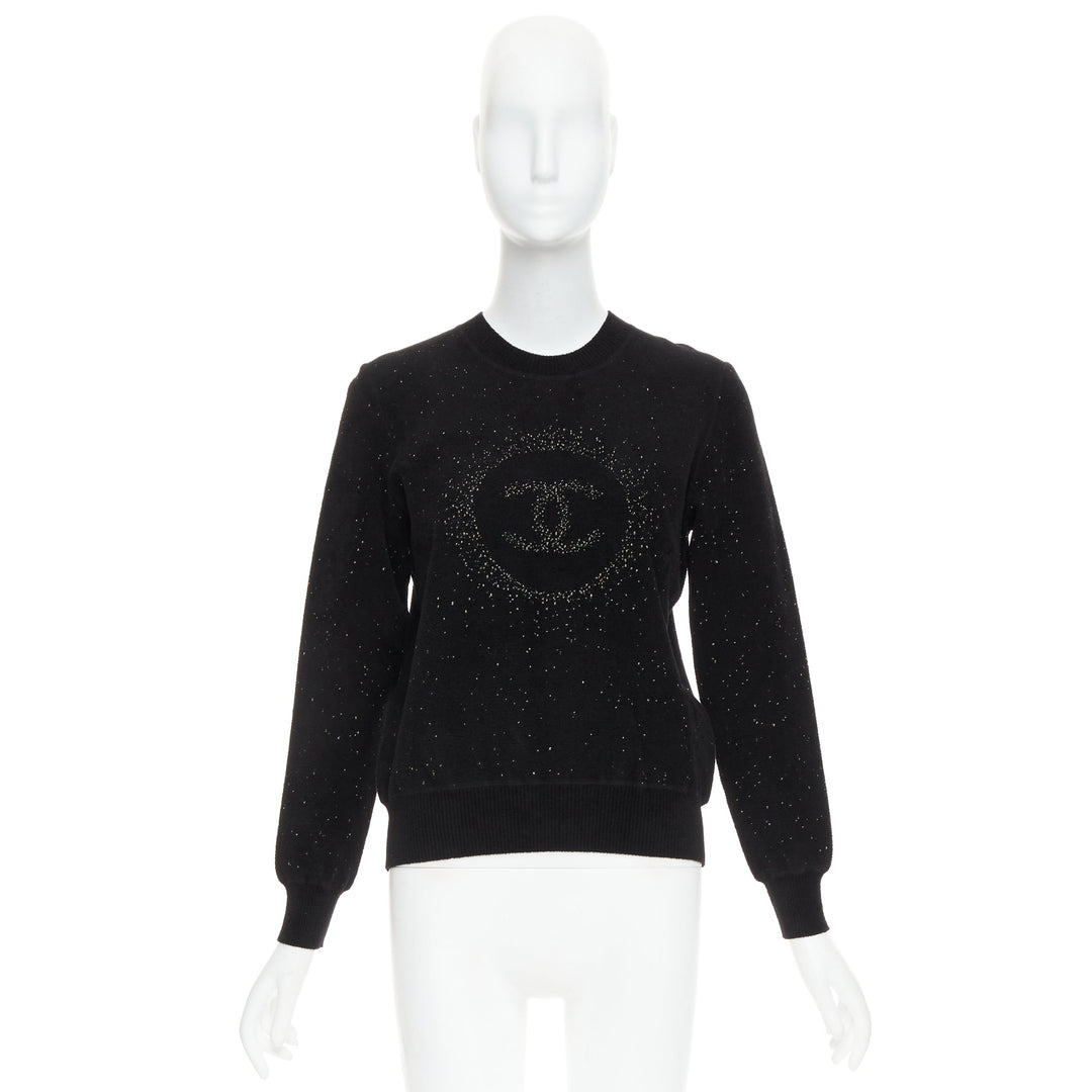 CHANEL black cupro blend CC starburst logo lurex long sleeve sweater FR36 S