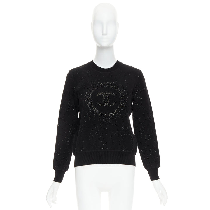 CHANEL black cupro blend CC starburst logo lurex long sleeve sweater FR36 S
