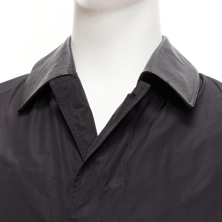 BURBERRY black textured leather trim nylon single breast trench coat IT48 M