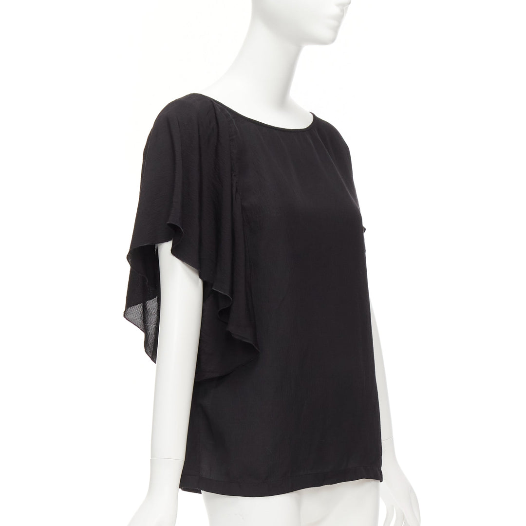 DRIES VAN NOTEN black viscose linen asymmetric flutter sleeve blouse top FR40 L