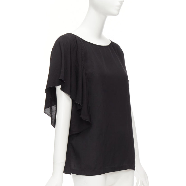 DRIES VAN NOTEN black viscose linen asymmetric flutter sleeve blouse top FR40 L