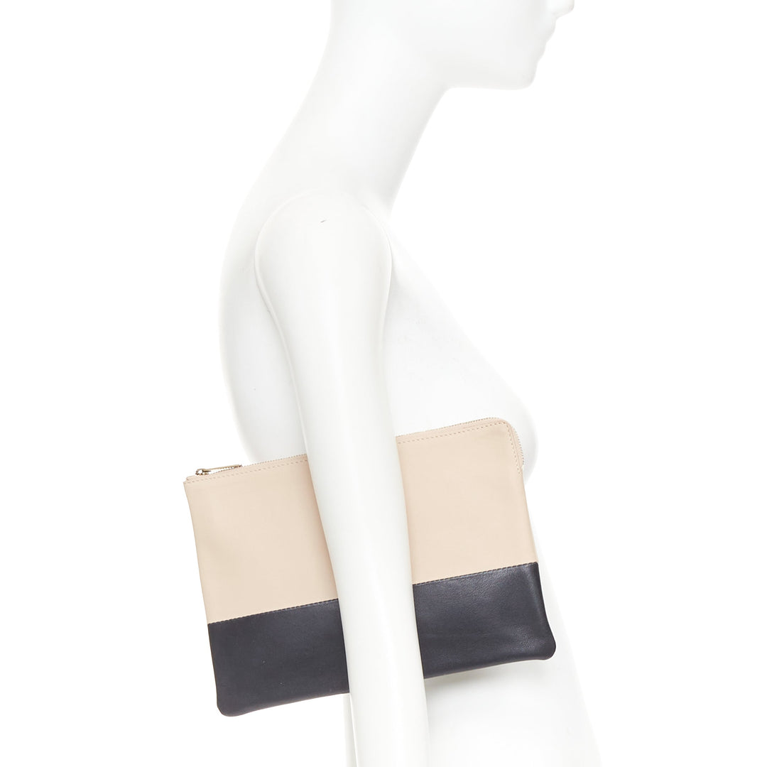 CELINE Solo beige black bicolor smooth leather gold logo pouch clutch