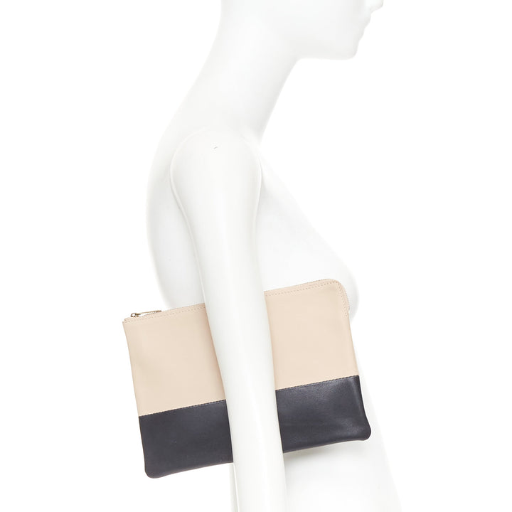 CELINE Solo beige black bicolor smooth leather gold logo pouch clutch