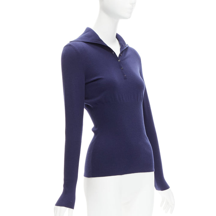 ALAIA navy blue wool blend button turtleneck sweater top FR40 L