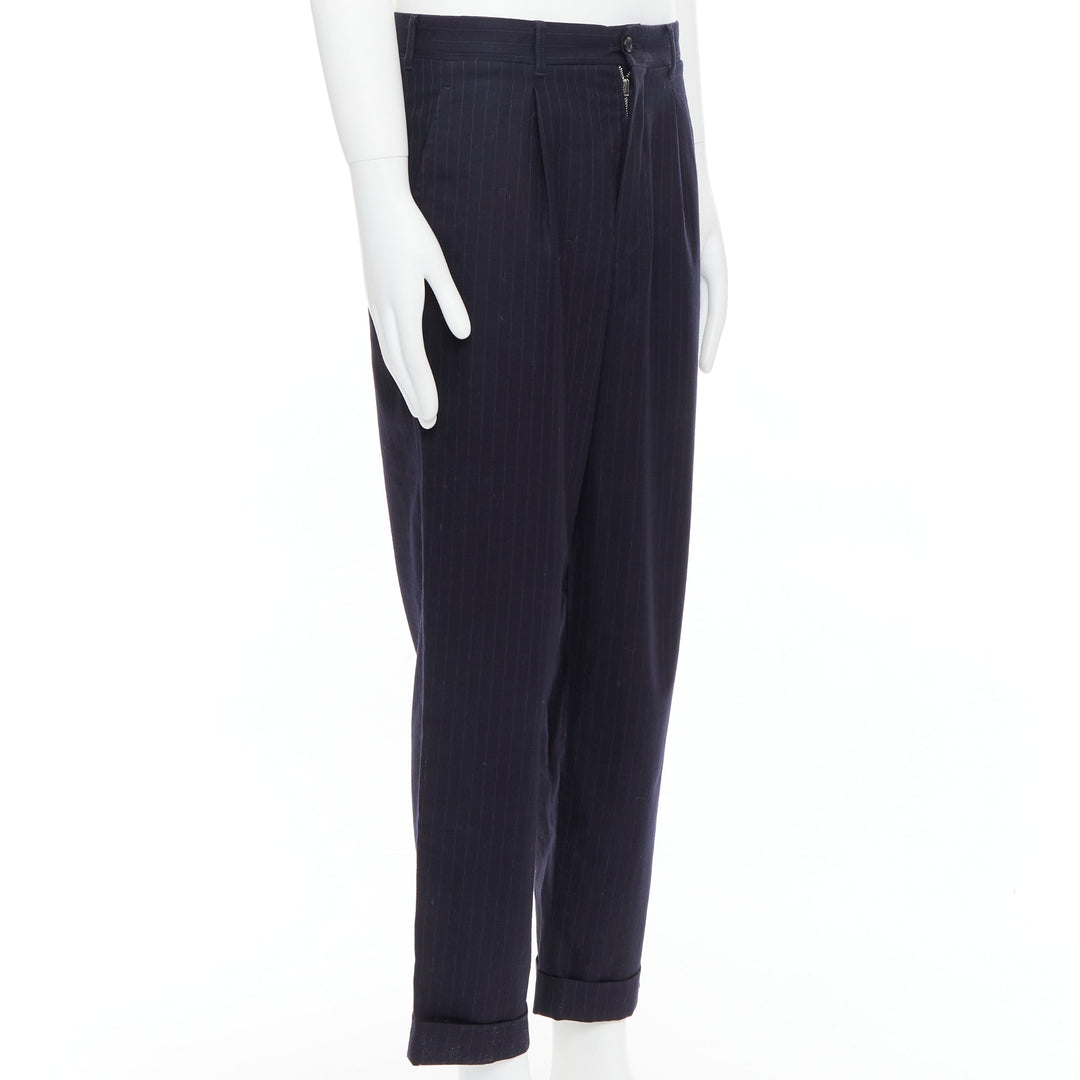 COMME DES GARCONS SHIRT navy 100% wool pinstripe tapered pants S