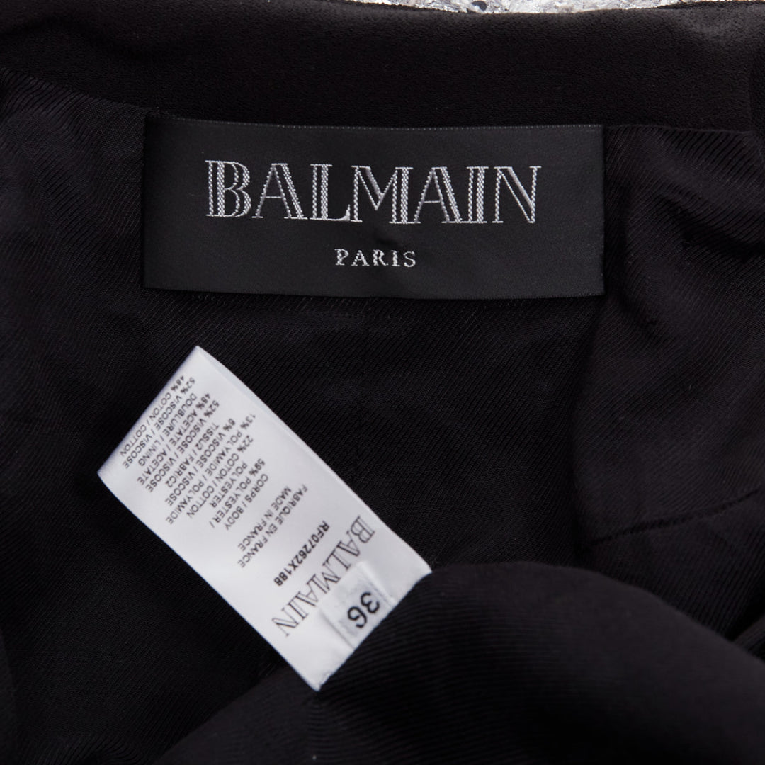 BALMAIN silver sequinned boucle tweed hooded power shoulder jacket FR36 S