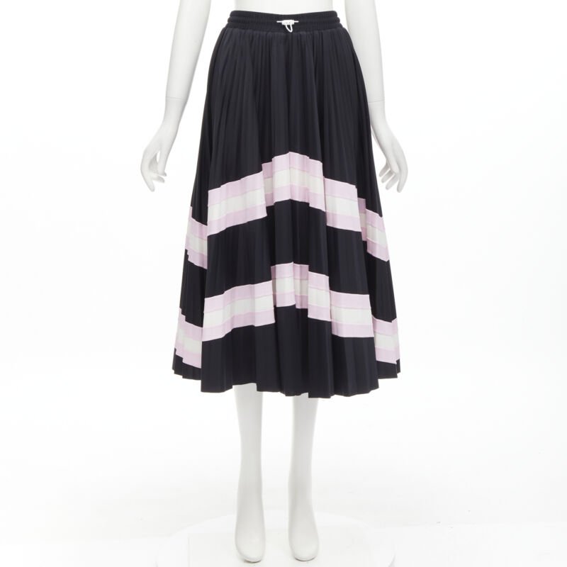VALENTINO black pink stripes patchwork pleated toggle pleated midi skirt XS
