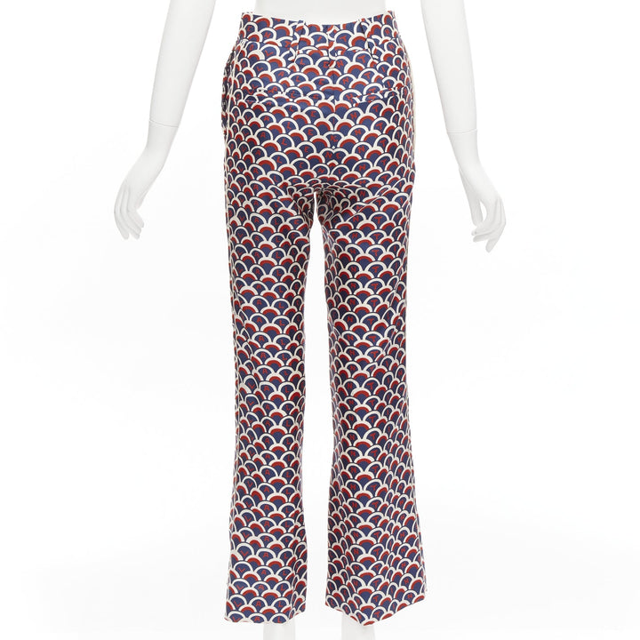 VALENTINO 100% silk  scallop print logo print navy red flared pants IT36 XXS