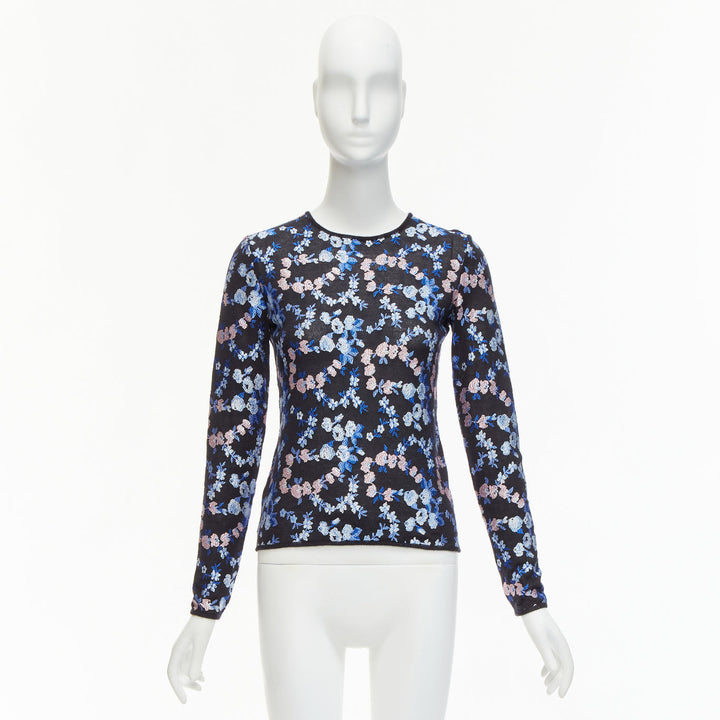 GIAMBATTISTA VALLI black cashmere silk blue pink flower embroidery top IT38 XS