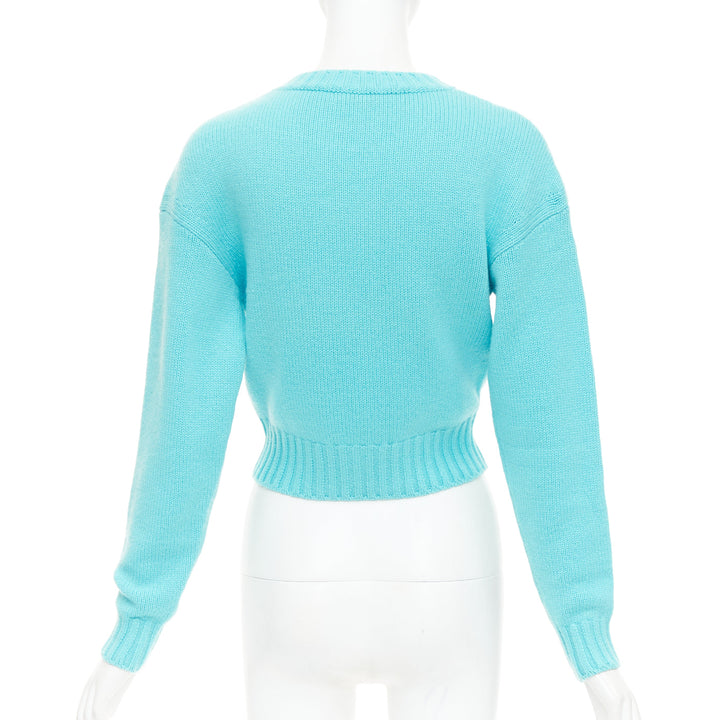 CHANEL 2020 100% cashmere cyan blue CC cursive logo cropped sweater  FR36 S