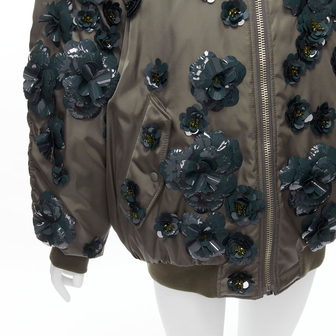 PRADA 2022 Runway Re-nylon green flower applique oversized bomber jacket XS