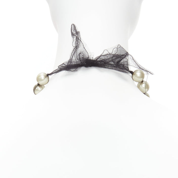 LANVIN ALBER ELBAZ cream pearl black mesh ribbon wrap princess necklace