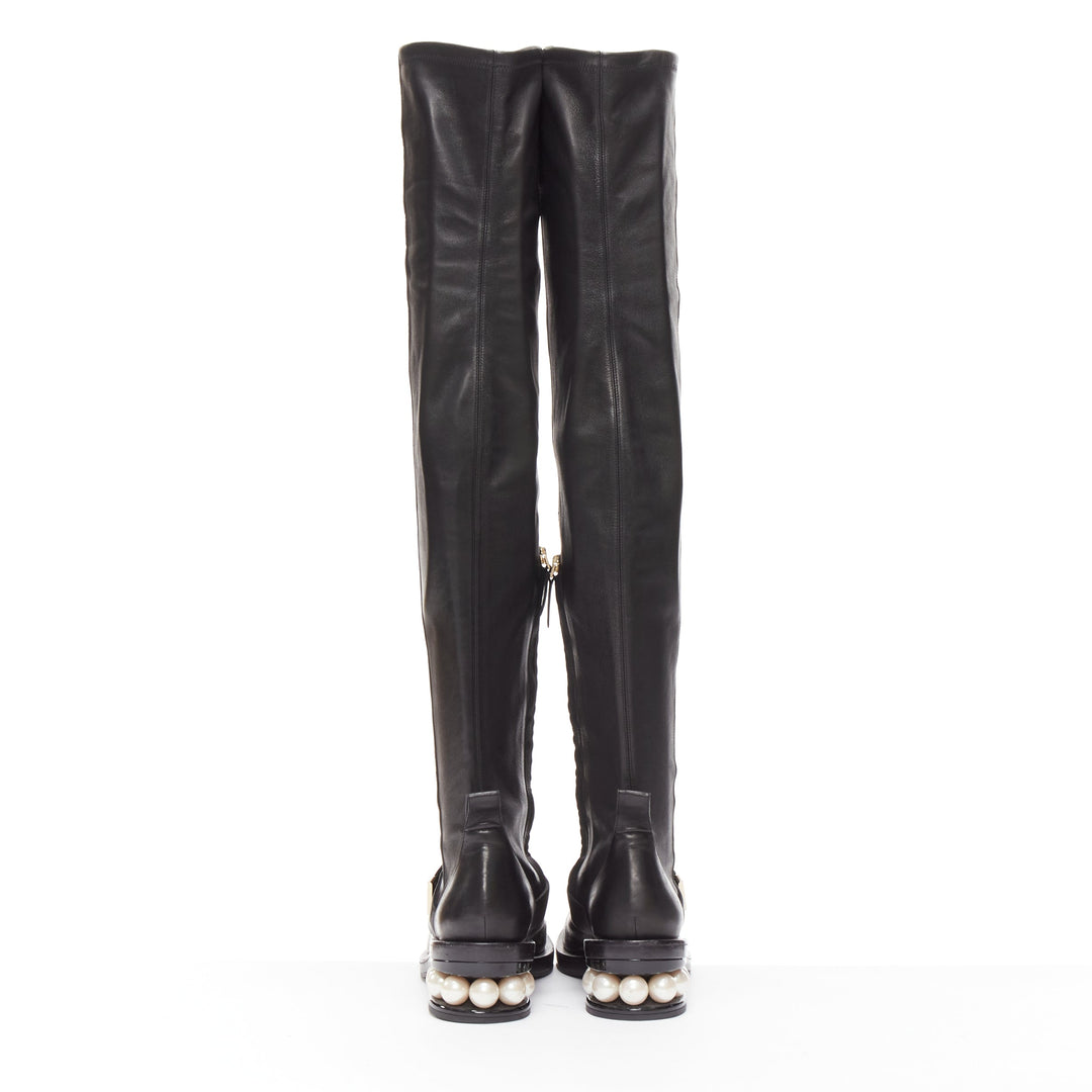 NICOLAS KIRKWOOD black XL pearl embellished heel knee high flat boots EU37.5