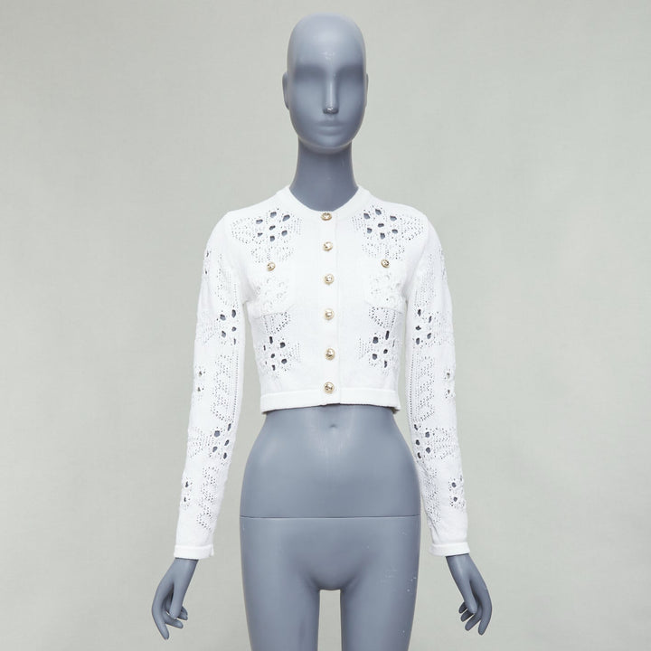 CHANEL 2021 white cotton gold CC button crochet knit cropped cardigan FR34 XS